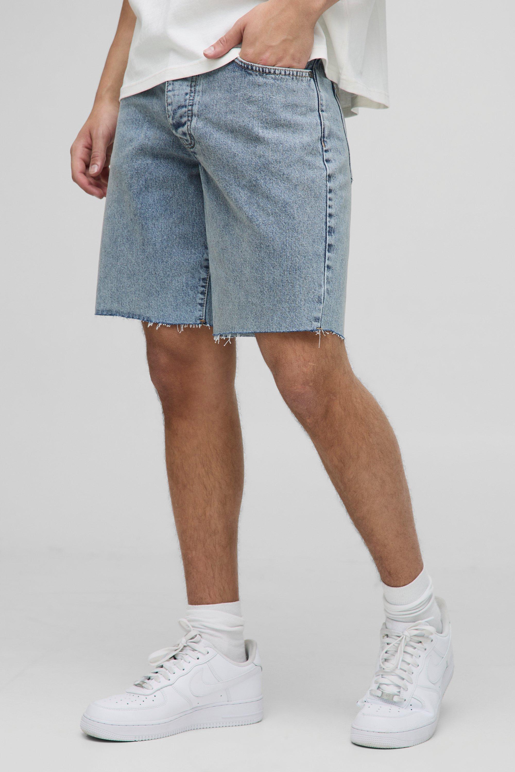 Mens Blue Straight Fit Washed Raw Hem Denim Shorts, Blue